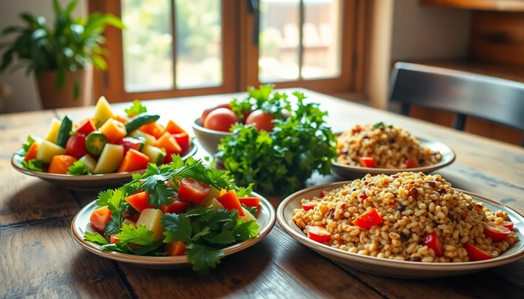 Explore vibrant dishes from recipesalexarciab.com featuring colorful fruits and vegetables on a rustic table.