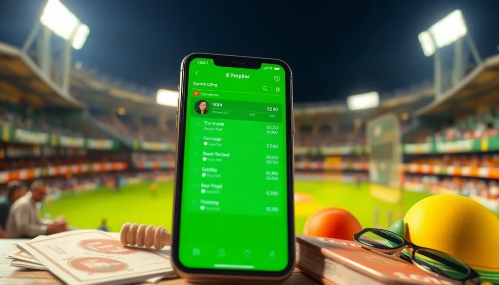 Engaging scene of sports betting in India featuring a smartphone app displaying odds amidst cricket elements.
