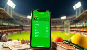 Engaging scene of sports betting in India featuring a smartphone app displaying odds amidst cricket elements.