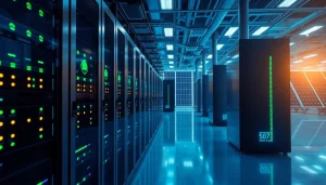 Cloud mining operation featuring advanced data servers and clean energy sources.