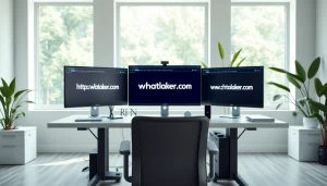 View of an organized workspace featuring https://whatalker.com on multiple screens, promoting productivity.