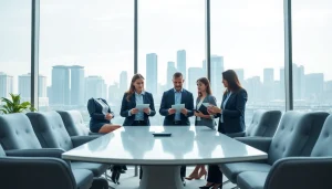 Real estate agents discussing strategies for international real estate companies in a modern office.