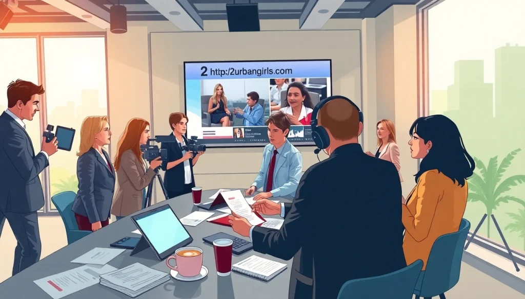 Engaged journalists discussing news stories at https://2urbangirls.com in a dynamic newsroom environment.