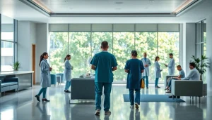 Bezoekers ontvangen zorg en informatie bij https://tweestedenziekenhuis.nl in een moderne ziekenhuisomgeving.