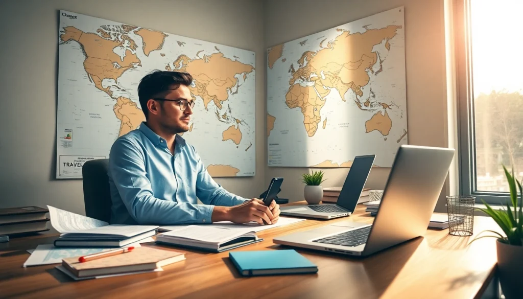 Create a travel itinerary with a detailed planner surrounded by maps, notes, and a laptop.