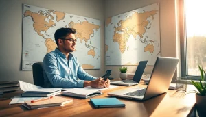 Create a travel itinerary with a detailed planner surrounded by maps, notes, and a laptop.