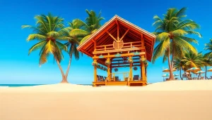 Enjoy the scenic coastal cabana with palm trees and beach views, perfect for relaxation.