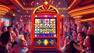 Menampilkan slot gacor yang menarik dengan pemain merayakan kemenangan di kasino.