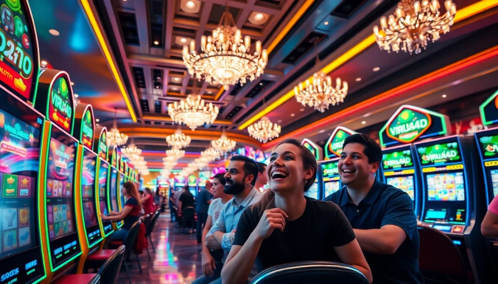 Bermain virus4d slot dengan pemain yang bersemangat di kasino yang glamor.