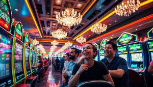 Bermain virus4d slot dengan pemain yang bersemangat di kasino yang glamor.