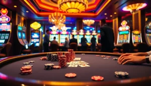 mm88 casino scene featuring a high-stakes poker table with colorful chips and intense players.