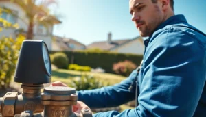 Performing backflow testing Wake Forest NC in a homeowner's garden with modern equipment and professional focus.