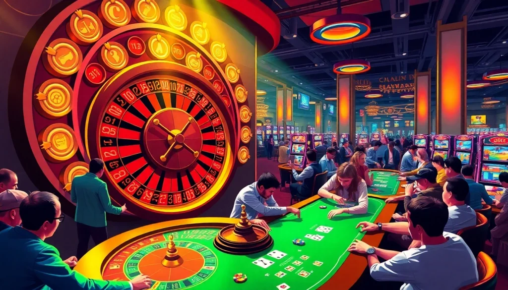 Experience the thrill of JBO's vibrant casino with players at roulette and poker tables.