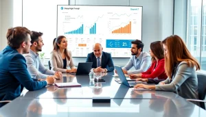 Menggambarkan diskusi strategi pemasaran digital dengan fokus pada sayaptogel di ruang kantor modern.