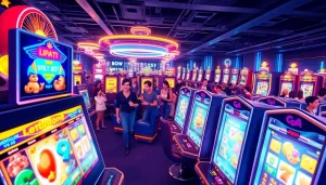 Konsep permainan lipat4d slot yang menarik dengan mesin slot berwarna-warni dan antusiasme pemain.