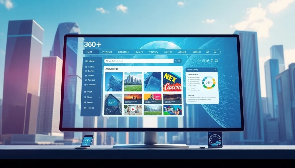 Showcase of 360浏览器 features on a futuristic screen in a vibrant city setting.