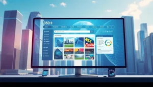 Showcase of 360浏览器 features on a futuristic screen in a vibrant city setting.