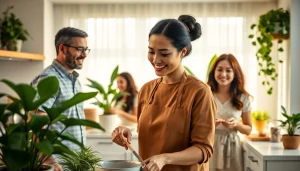 Domestic Helper Dubai engaged in cheerful household tasks with a family in a Dubai kitchen.