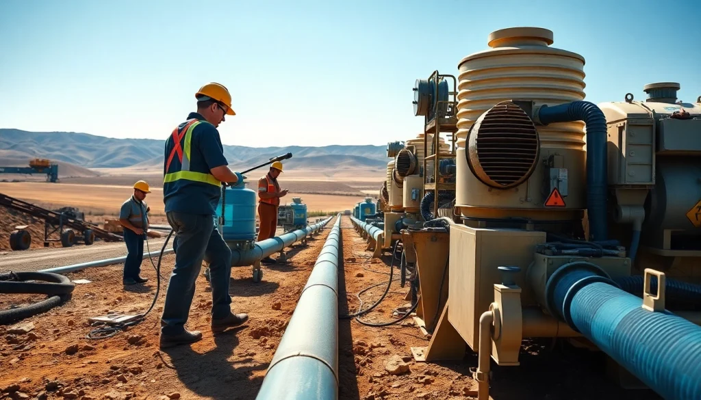 Efficient industrial water transfer services showcased by workers managing heavy machinery at a construction site.