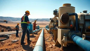Efficient industrial water transfer services showcased by workers managing heavy machinery at a construction site.