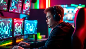 Aksi bermain game virus4d dengan gamer profesional di meja gaming modern.