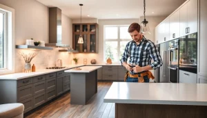 Remodeling Contractor working on a modern kitchen renovation with stylish design elements.