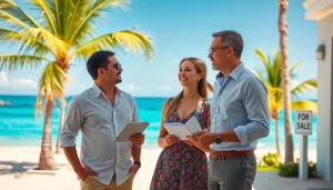 Engaged couple learning about buying property in Mexico as an American during a beachfront viewing.