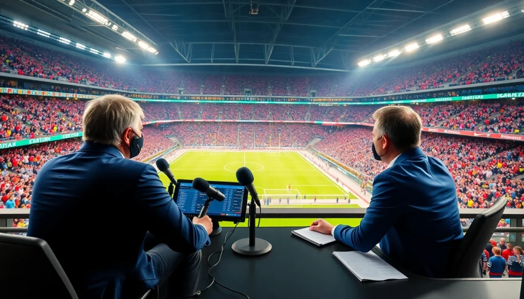 스포츠중계 중계를 위한 전문가들이 활기찬 경기장에서 방송하는 모습