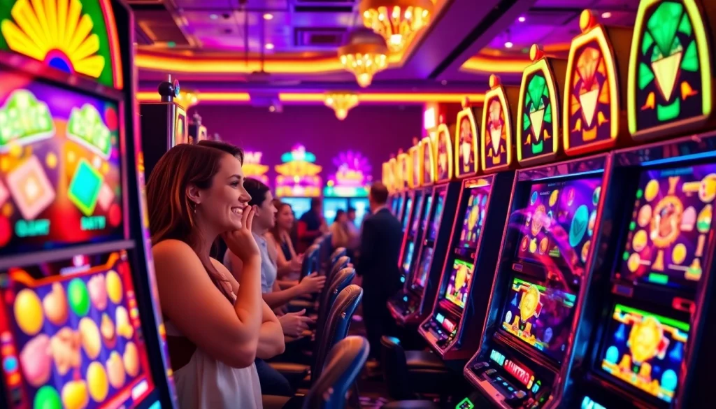 Menangkan permainan di jewel4d dengan slot machine menyala dan pengunjung bersemangat.