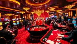 Experience the excitement of winning at XX88 Casino's vibrant roulette tables filled with players and colorful chips.