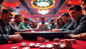 Permainan Domino88 poker game yang mendebarkan dengan pemain antusias di meja.