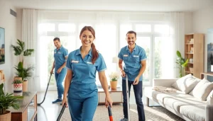 Cleaning Service team efficiently tidying a bright, organized living room with professional care.