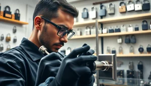 Engaging image of a professional at work on https://www.dakenlocks.com, showcasing precision locksmith tools and modern locking mechanisms.