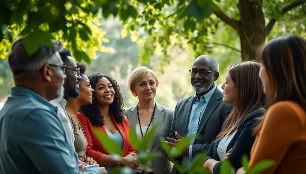 Group discussing Christian committed support in a serene park setting.
