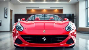 Showcase of Certified pre-owned Ferrari Gauteng highlighting a vibrant red Portofino in a luxurious setting.