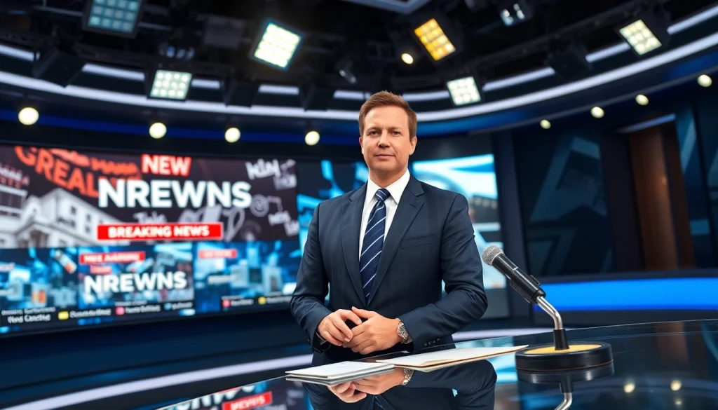 Engaging news anchor presenting latest updates at suntimesnews.com studio.