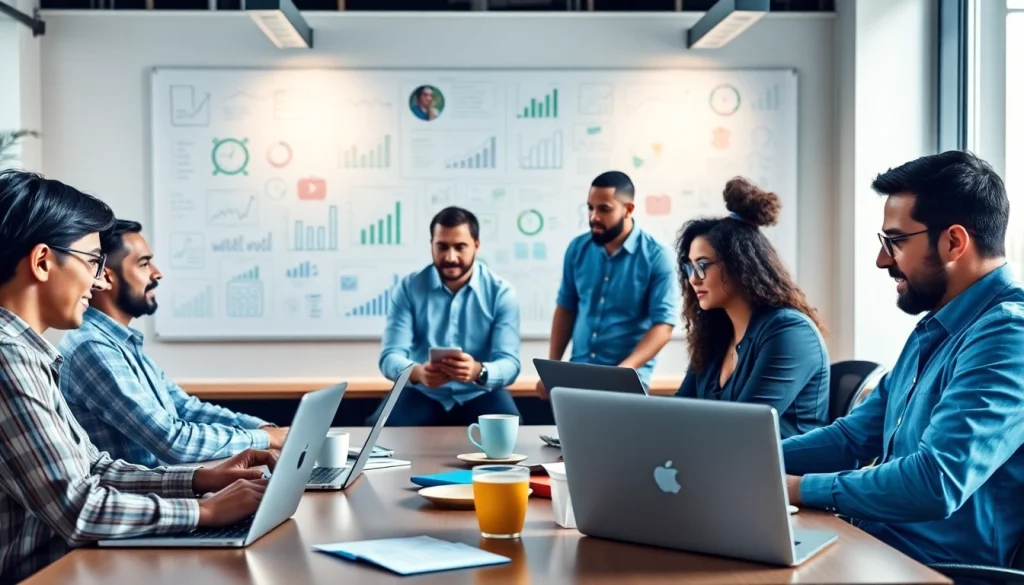 Collaborative marketing team at https://frontidas.com reviewing analytics in a modern digital workspace.