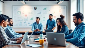 Collaborative marketing team at https://frontidas.com reviewing analytics in a modern digital workspace.