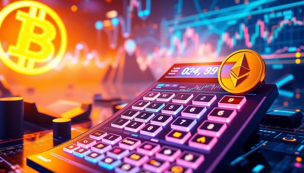 Calculator for cryptocurrency analysis and trading insights with blockchain visuals