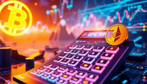 Calculator for cryptocurrency analysis and trading insights with blockchain visuals