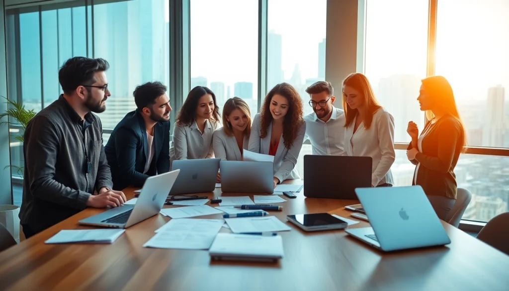 Contact potential clients at https://envisionbrandmarketing.com/contactus.html with an engaging team in a modern office.