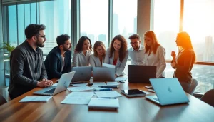 Contact potential clients at https://envisionbrandmarketing.com/contactus.html with an engaging team in a modern office.