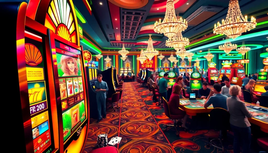 Engaging casino scene featuring vibrant gaming activities at https://mega888tm.club with lively players and colorful slot machines.