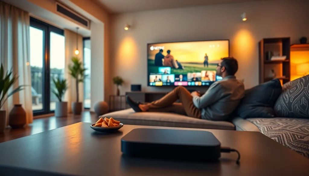 Engaging scene of a user enjoying shows on the iron tv pro device in a cozy living room.