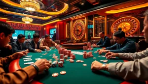 MM88 engages players at a lively poker table, vibrant chips showcasing intense gaming action.