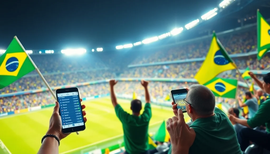 Engaged fans celebrating sports betting in Brazil during a live match.