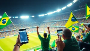 Engaged fans celebrating sports betting in Brazil during a live match.