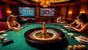 Experience the thrill of the casino with cwin-themed gambling tables and vibrant roulette action.