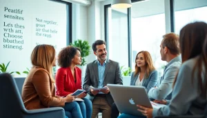 Empowering session with a business coach near me leading clients in a vibrant, modern workspace.