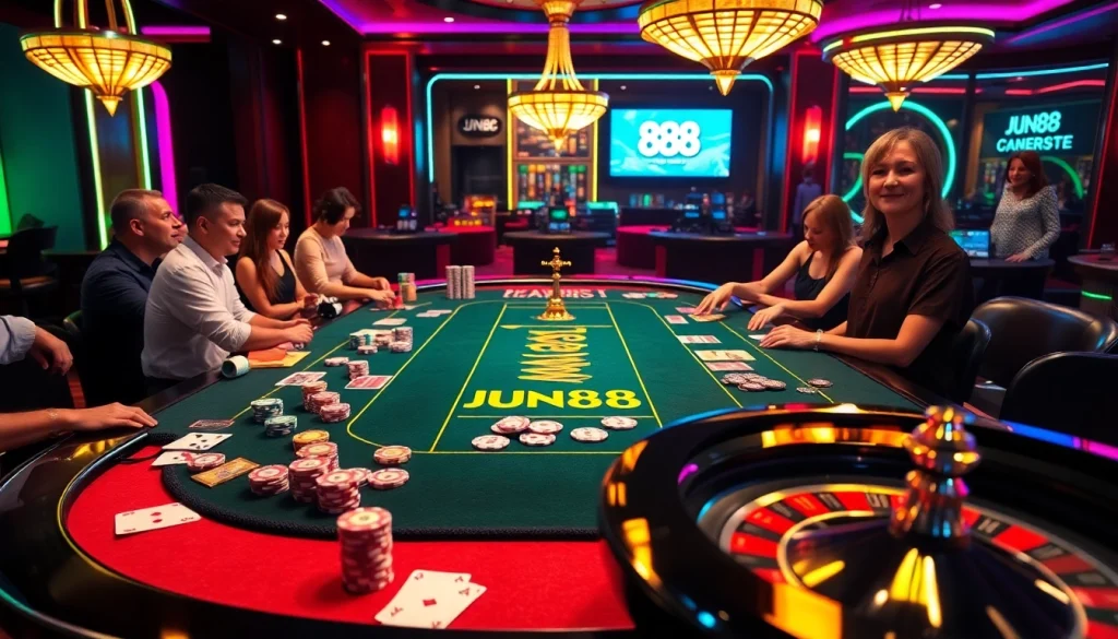 Excited players engaging at a JUN88 casino table with vibrant colors and dynamic elements.